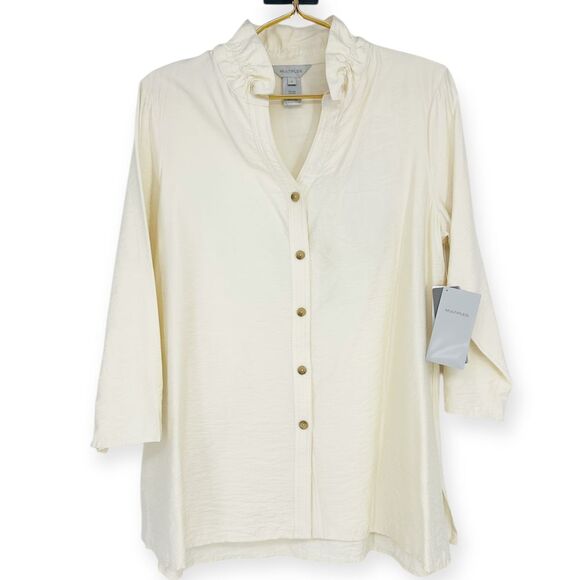 Multiples Elegant Cream Button Front Tunic Top with Decorative‎ Sleeve Buttons - Picture 2 of 10